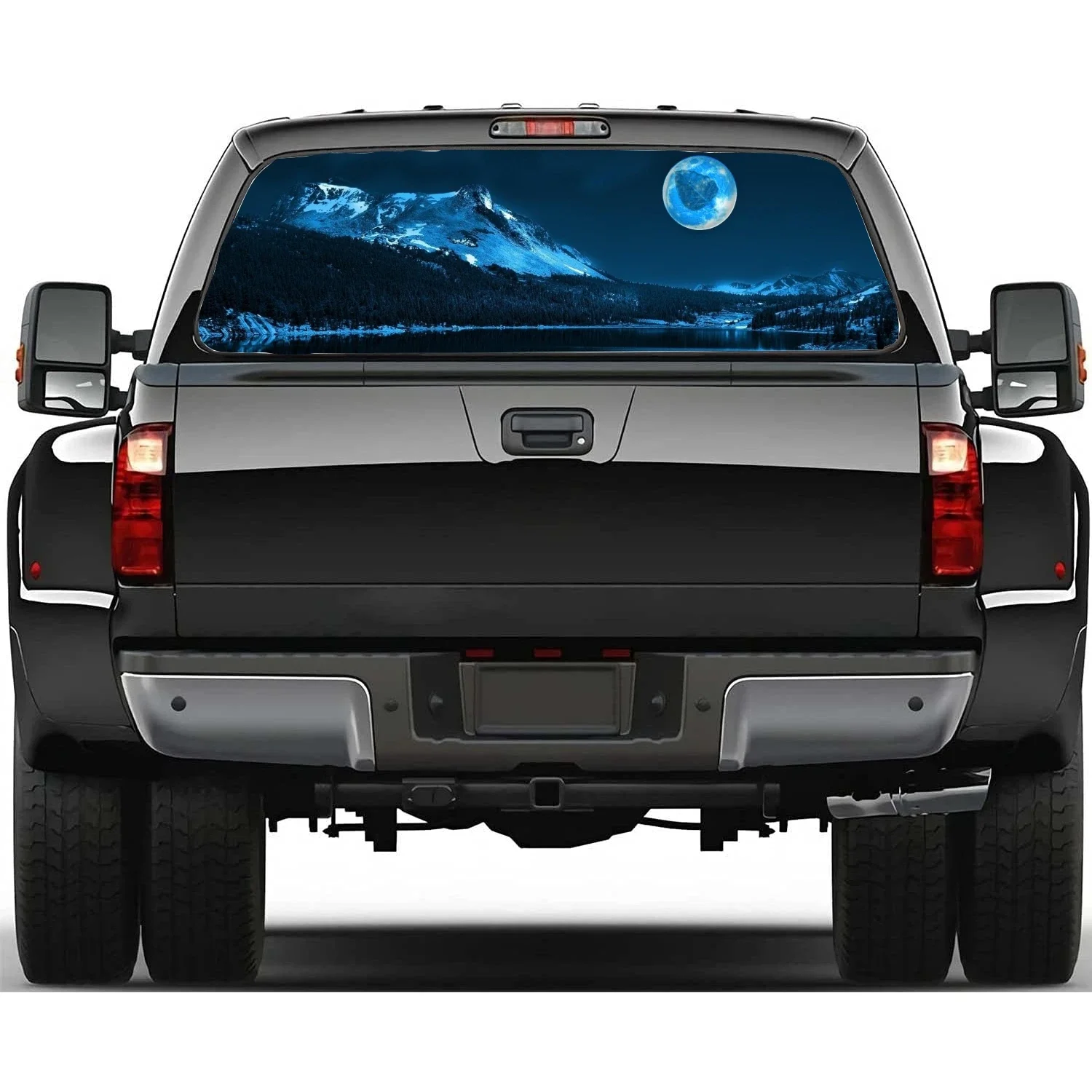 Full Moon Mountain Print Car Accessories Rear Windshield Sticker Truck Window See Through Perforated Back Window Vinyl Decal