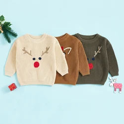 Baby Boy Girl Christmas Sweater Reindeer Pattern Long Sleeve Round Neck Chunky Knitwear Pullover Xmas Tops