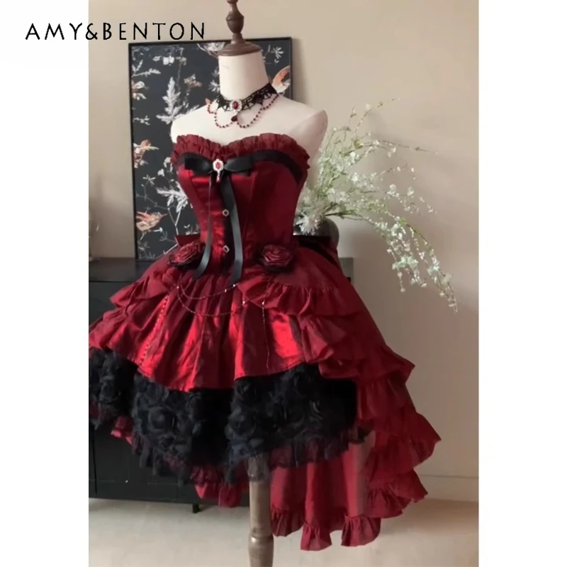 2025 New Japanese Black Red Rose Goth Gorgeous Trailing Lolita Elegant Cute Tube Top Thin Dress For Women