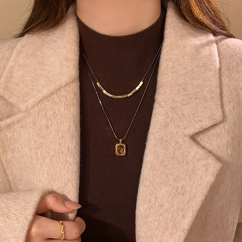 Schwarzgoldfarbene Doppelschichtige Tigerauge-Stein-Anhängerkette für Damen, Herbst-/Winter-Pulloverkette, Schmuckzubehör-Set – Detail 11