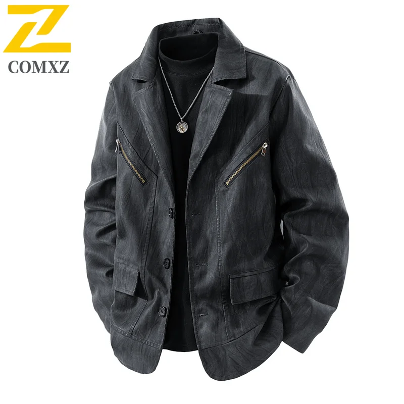 

Мужская повседневная куртка, новая весенняя модная универсальная облегающая ветрозащитная дышащая кожаная куртка с лацканами, мужская одежда для уличных путешествий