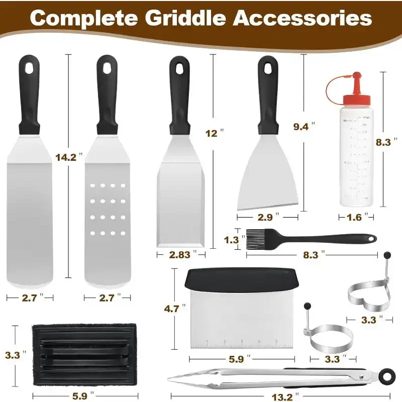 14PCS Griddle Accessories Kit, Flat Top Grill Accessories Set, Grill Spatula Set with Enlarged Spatulas, Scraper