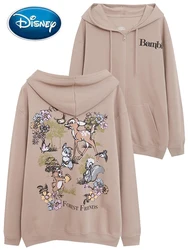 Disney Sweatshirt Bambi Deer Thumper Rabbit Letter Cartoon Print Women Pockets Hooded Zip Long Sleeve Fleece Jumper Tops Femme