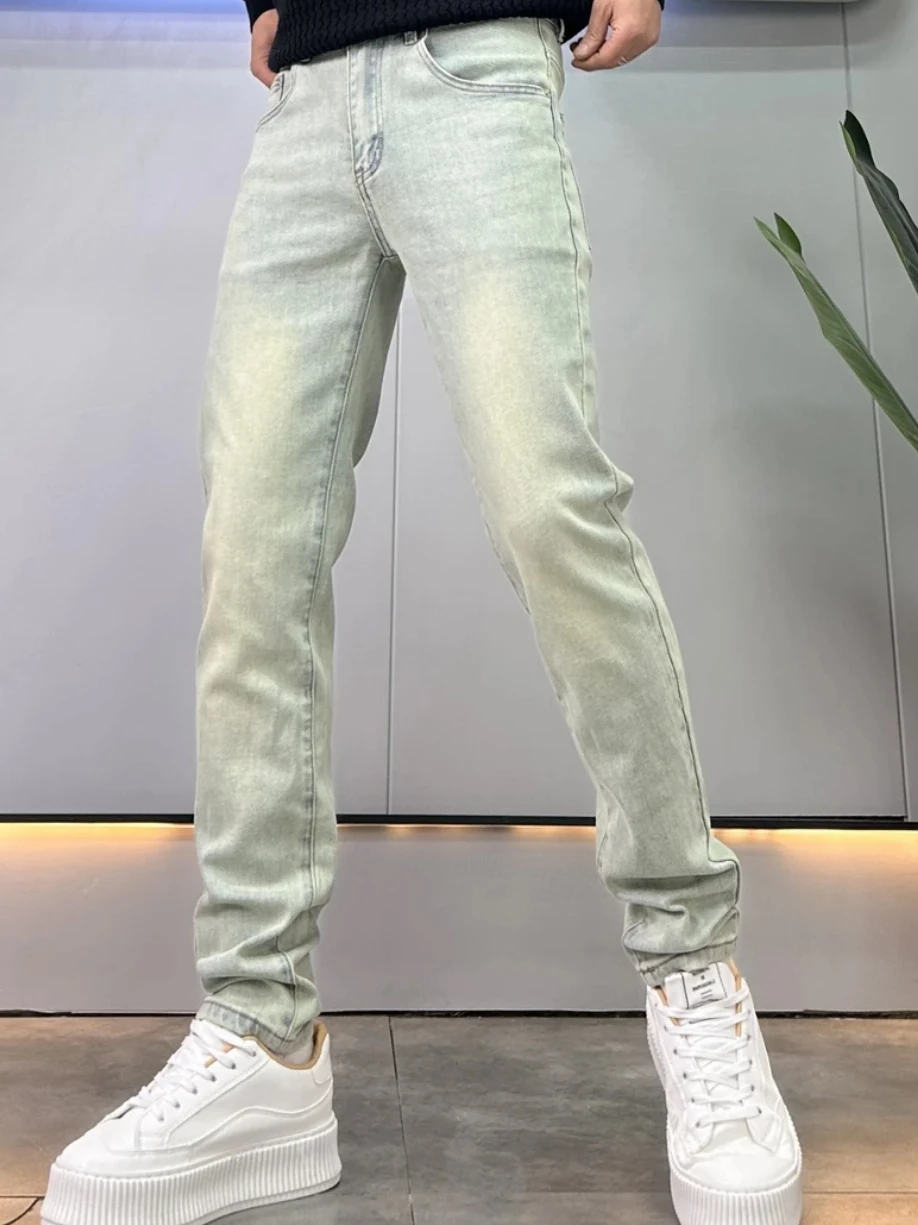 กางเกงยีนส์ผู้ชายสไตล์อเมริกันย้อนยุคทรงสลิมฟิตยืดได้ขาเล็กขายาวแฟชั่นฤดูใบไม้ผลิฤดูใบไม้ร่วงทนทานต่อการสึกหรอสวมใส่สบาย