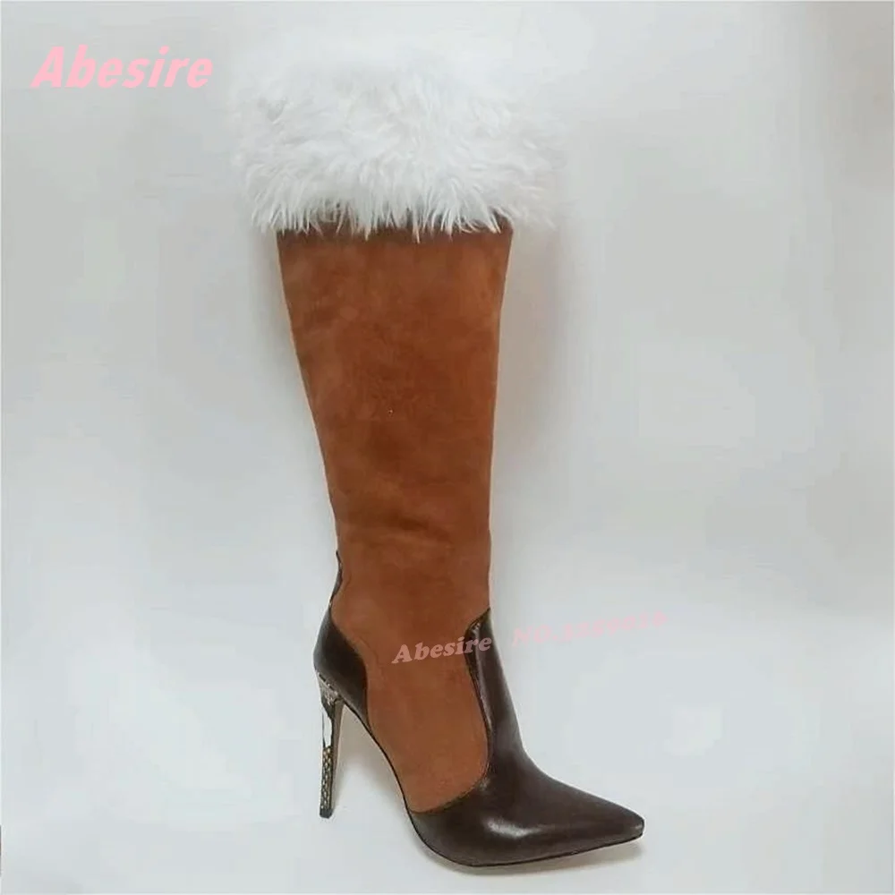 أفخم المرقعة خنجر الكعوب حذاء برقبة للركبة مدبب تو الجلد المدبوغ الجانب سستة الأحذية للنساء 2025 جديد الفراء رقيق حذاء كاجوال #4