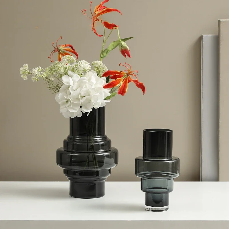 مزهرية زجاجية مستقيمة سوداء بسيطة وحديثة، طاولة طعام لسطح المكتب وغرفة المعيشة وغرفة النوم وديكور فني للمنزل