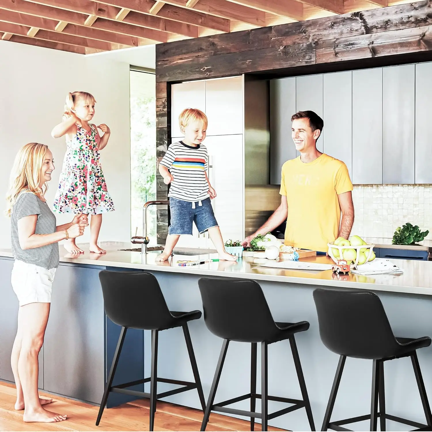 Juego de 3 taburetes de bar modernos de 24 pulgadas, taburetes de bar con respaldo y reposapiés, taburetes de bar de piel sintética para restaurante de isla de cocina