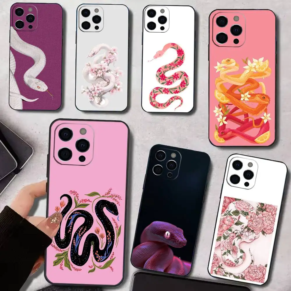 

I-Illustration Plum Blossom Snake Phone Case For iPhone 17,16,15,14,13,12,11 Plus,Pro Max,XS,Soft Silicone Black Cover