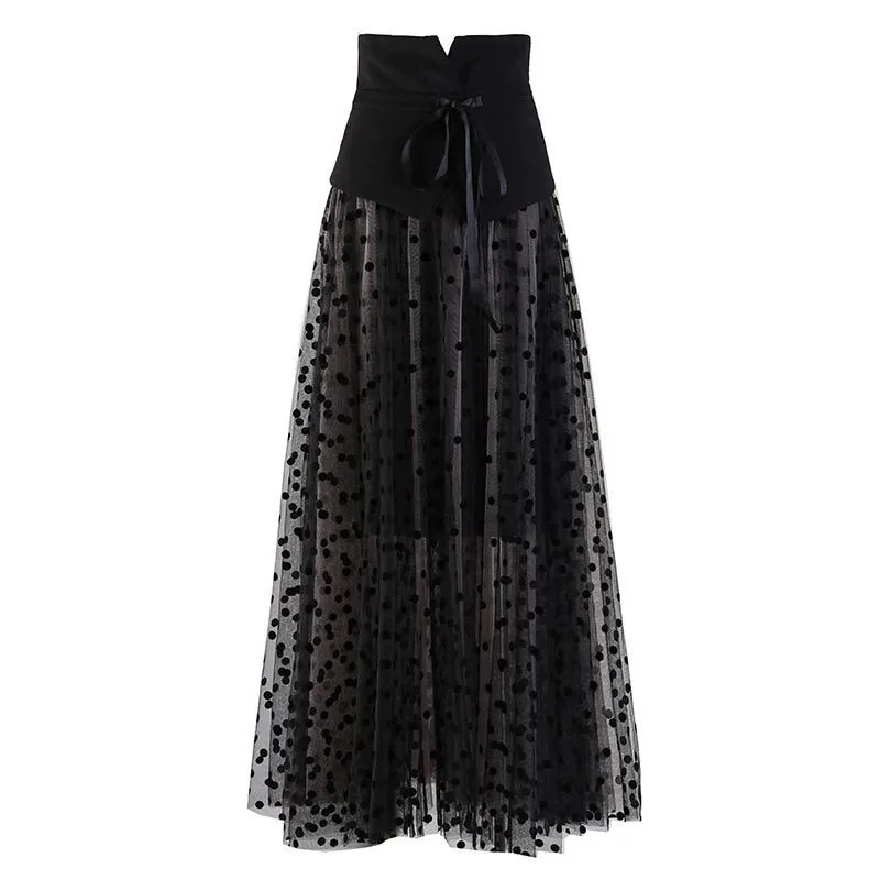 Women Maxi Skirt Y2k Black Lace Mesh 2025 Spring Summer Sexy High Waist Flare Long Skirt Solid Beach Elegant Evening Clothing