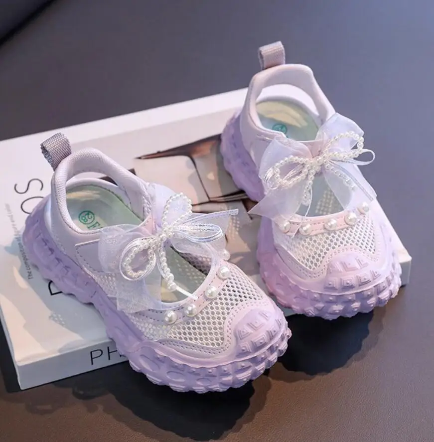 Cute Sandals for Girls Summer Beach Mesh Closed Toe Kids Shoes Bow Design Outdoor Nono-slip Casual Sneakers Girls Clogs Shoes