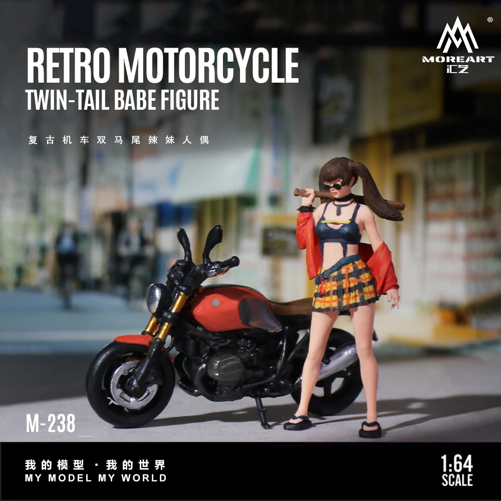 MoreArt 1:64 Retro Motorcycle Hot Girl Resin Model Double Ponytail Figure Set Diecast Car Scene Decoration Gift view 5