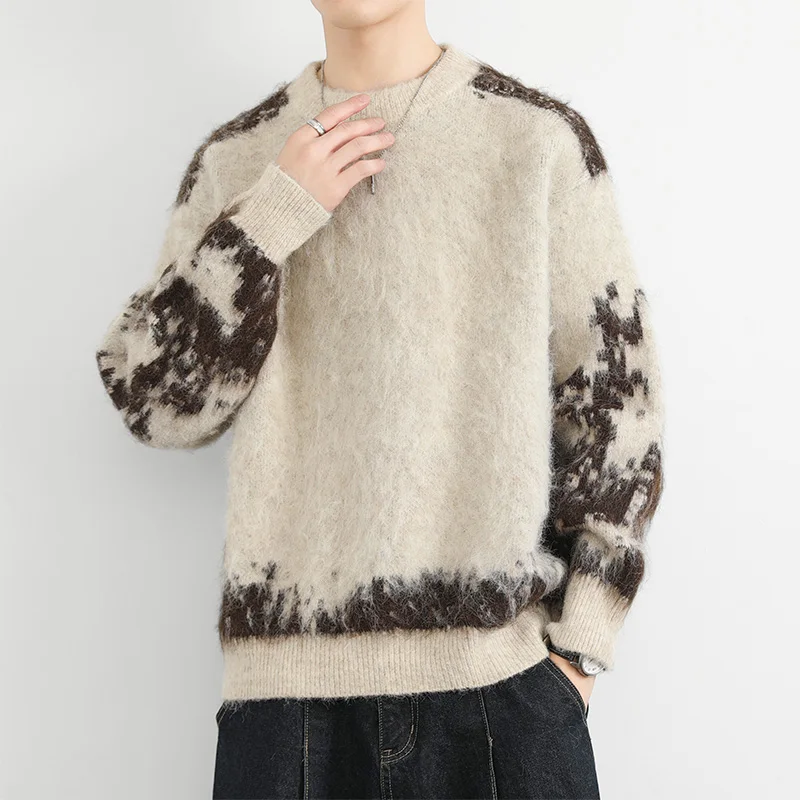 

Высококачественный мужской вязаный свитер с искусственным мехом, утепленный, свободного кроя, повседневный, осенне-зимний, теплый трикотаж, модный бренд