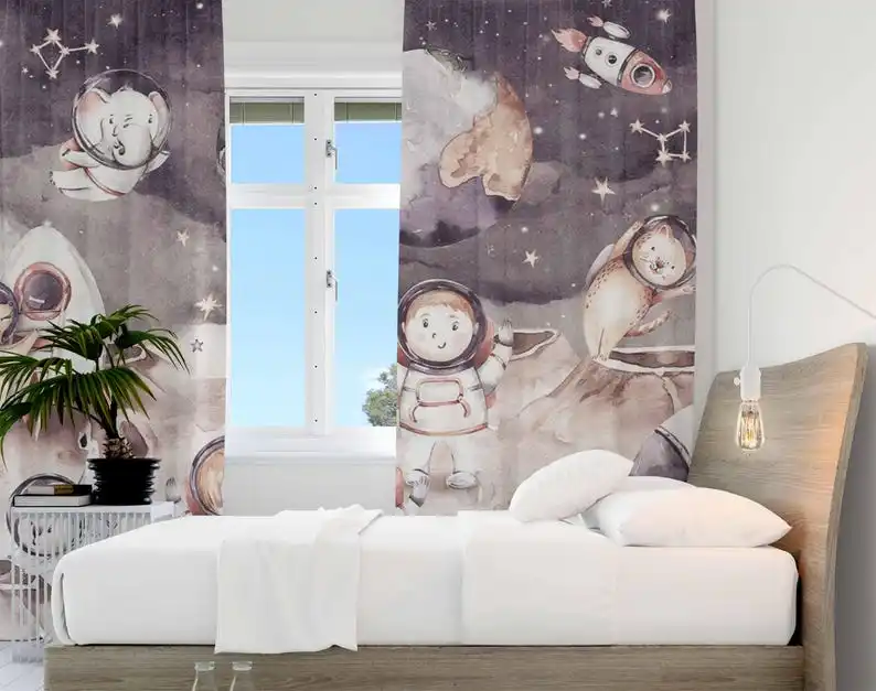 Space Astronaut Curtains Planet Animals Kids Bedroom Curtains Black Out Nursery Decor Baby Room Curtains Living Room Curtain
