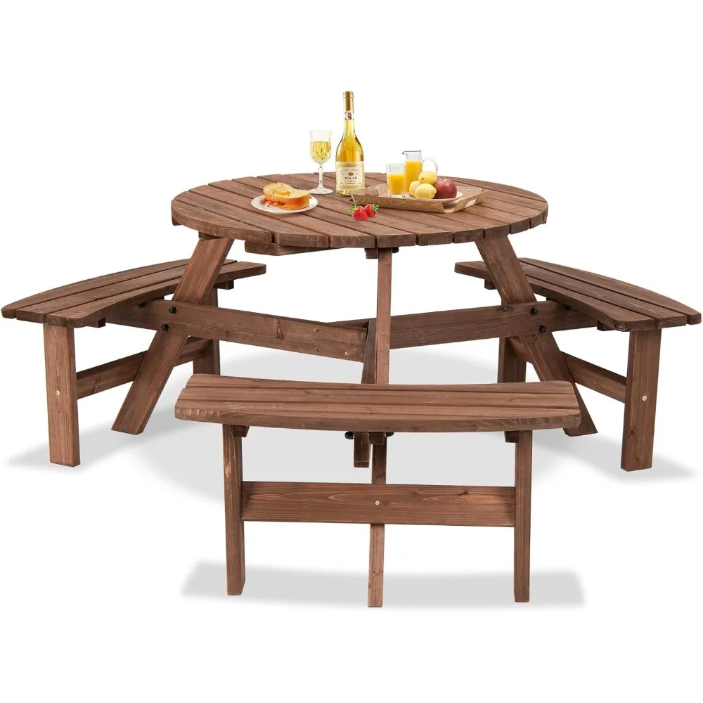 

6 Person Wooden Picnic Table Set with Wood Bench, with Umbrella Hold Design, Perfect for Outdoor Garden