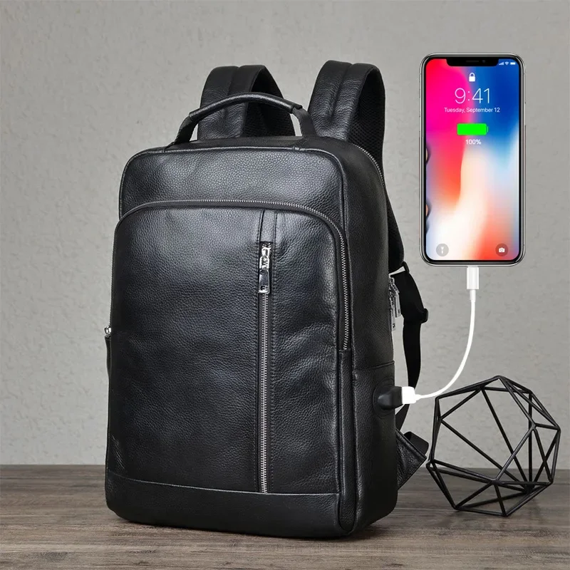 Gran oferta, mochila para ordenador portátil para hombre con carga USB de 15,6 ", mochila impermeable de cuero genuino, bolsas de viaje de moda, mochila escolar, mochila de cuero