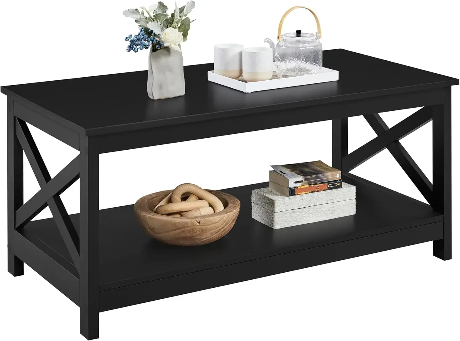 Mesa de centro negra de 2 niveles de madera con estante de almacenamiento para sala de estar, mesa de cóctel con acento de diseño X, muebles para el hogar de fácil montaje