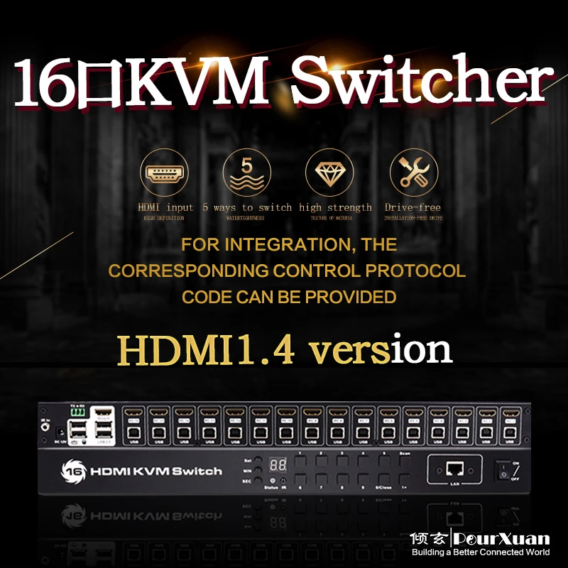 HDMI KVM Switch 16 In 1 Out Timed USB KVM Switcher 1U 4K 16 Ports rs232 control for Sharing Keyboard Mouse monitor