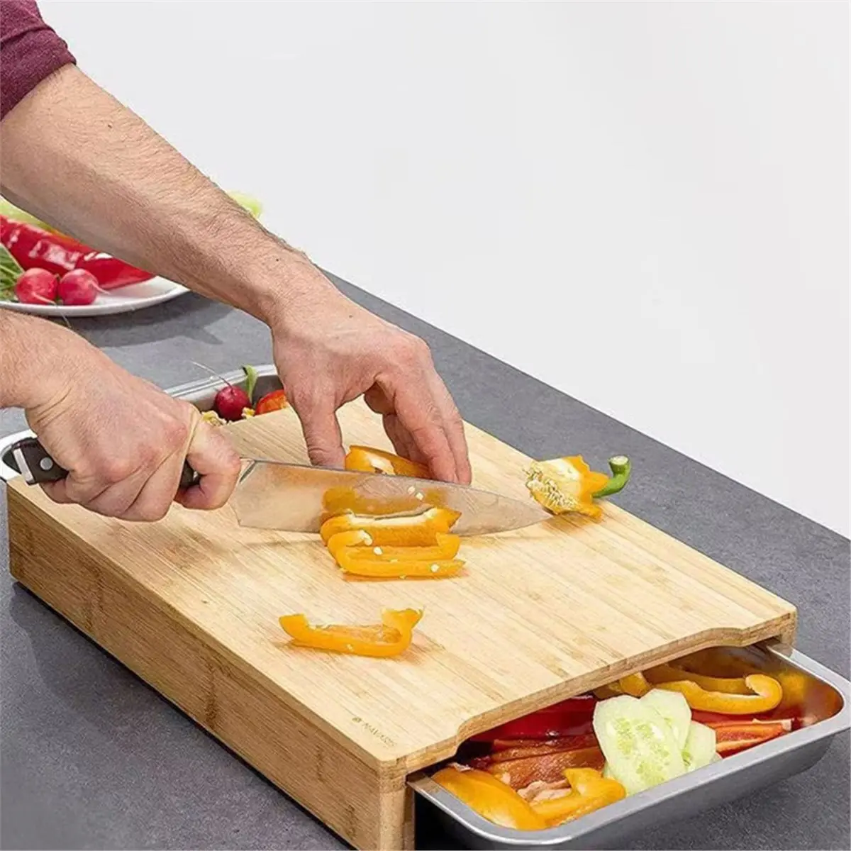 A1109K Wood Cutting Board with Slide Out Trays, Solid Butcher Block with Multi-Function Drawers SUMMER