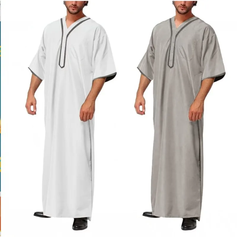 2026 New Muslim Middle Eastern Arab Malaysian Men's Loose Long Robe Button-Up Shirt