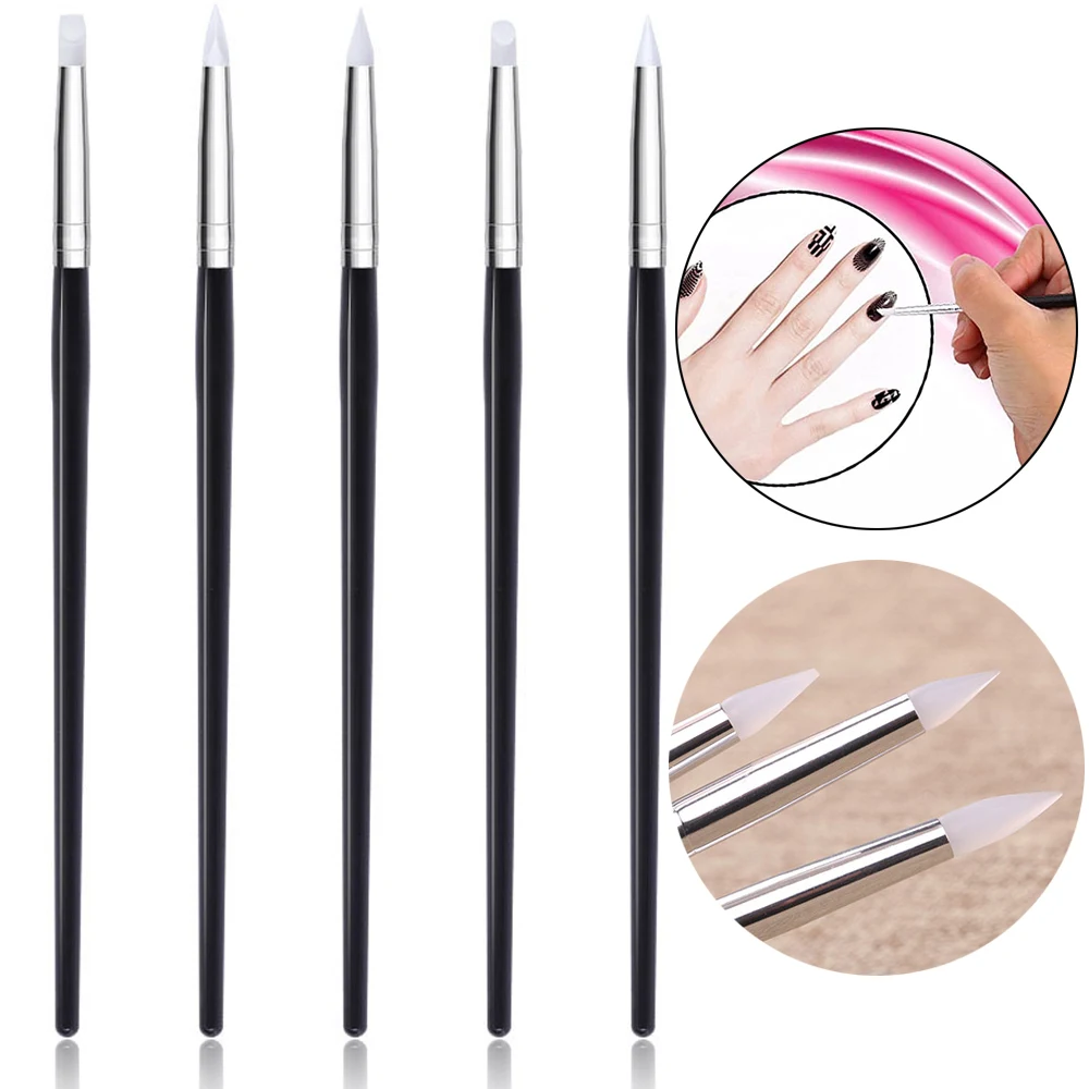 

5Pcs Silicone Nail Brush Hollow Carving Sculpture UV Gel Shaping Clay Dotting Polish Nail Art Pen Manicure Brush Nail Accessorie