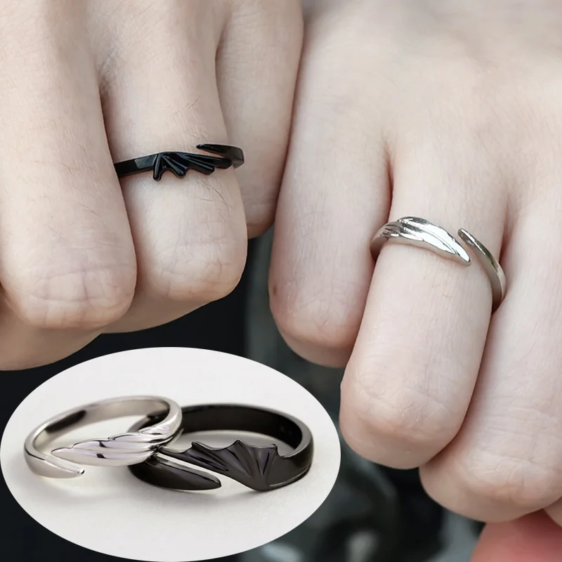 2Pcs Anime Angel Demon Couple Rings for Women Men Fashion Animal Adjustable Open Ring Promise Matching Couple Ring Party Gifts