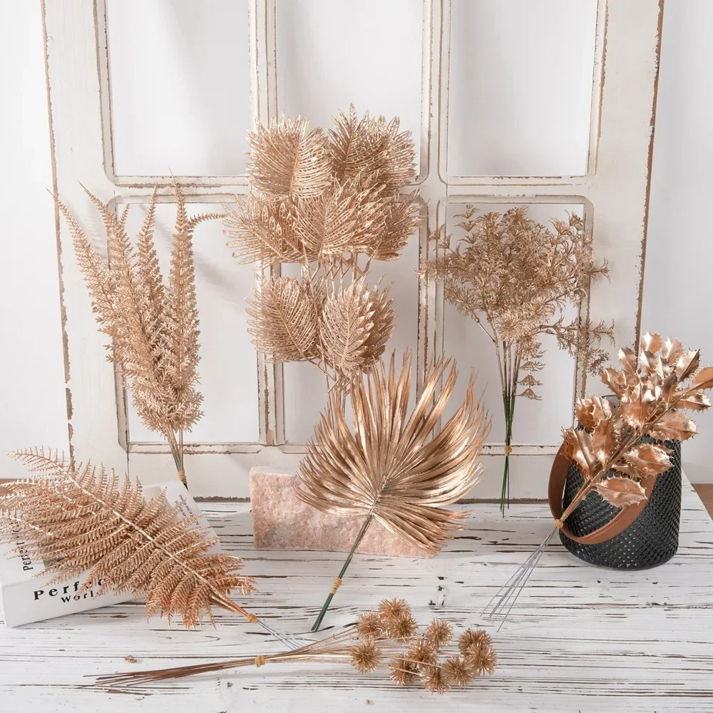 6pcs/set Artificial Flower Gold Christmas Flower New Year Flower Spray Gold Accessories Home Decoration Christmas Fake Flowers