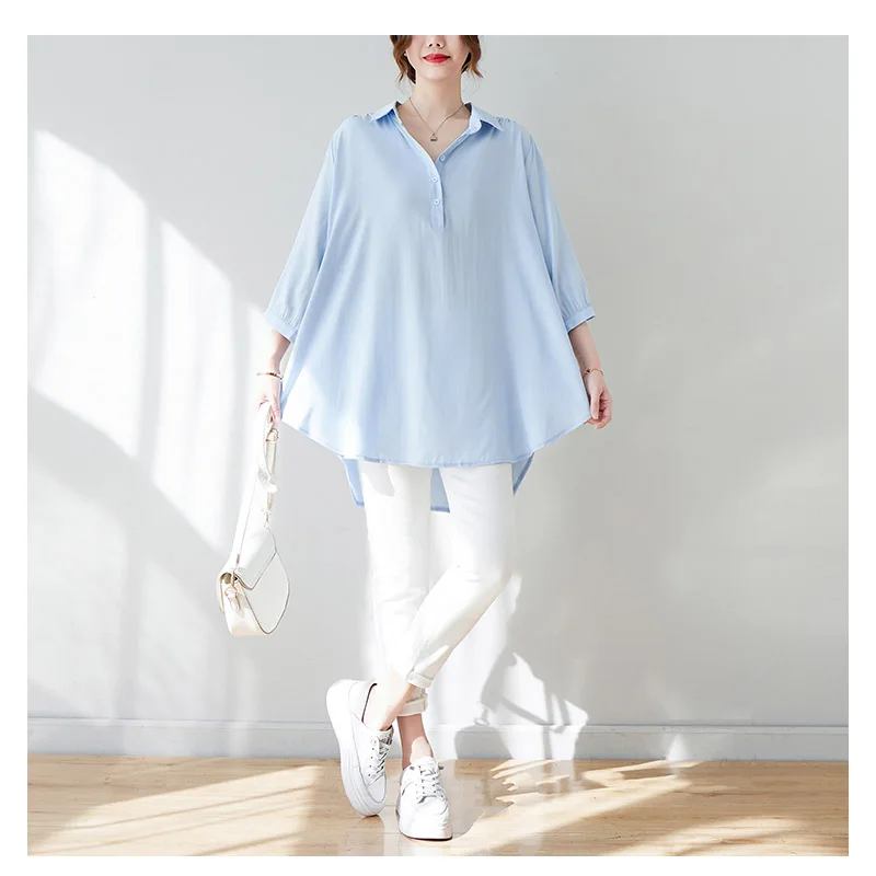 Cotton Silk Summer Women's Seven-point Sleeve Shirt Light Blue Casual Home Wear Loose Large Size Fat Girl Comfortable Cool Soft