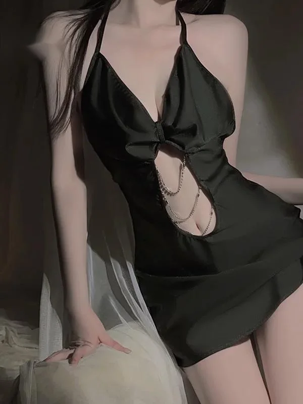 Sexy Deep V Temptation Hollow Diamond Chain Decoration Hanging Neck Wrap Hip Dress Elegant Solid Black Off Shoulder Dresses PM7H