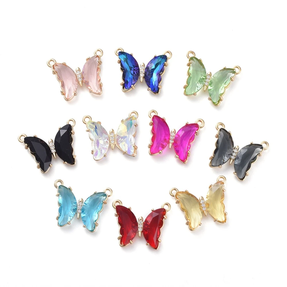 5Pcs Butterfly Pendant Ornament Brass Micro Pave Clear Cubic Zirconia Links with Glass Butterfly Glass Charms Pendant