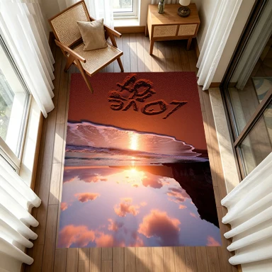 Sunset Beach Seashore LOVE Word Sand Writing Carpet Flooring, Ocean Landscape Non-Slip Floor Rug for Living Room Bedroom Home Decoration