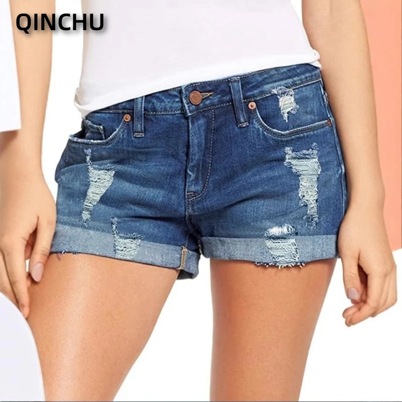 QINCHU 70% Pure Cotton Elastic Hole Denim Women's Shorts
