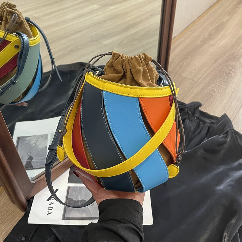 New Single Shoulder Crossbody Bag Niche Design Rainbow Contrast Stitching Geometric Bucket Bag Cylindrical Handbag