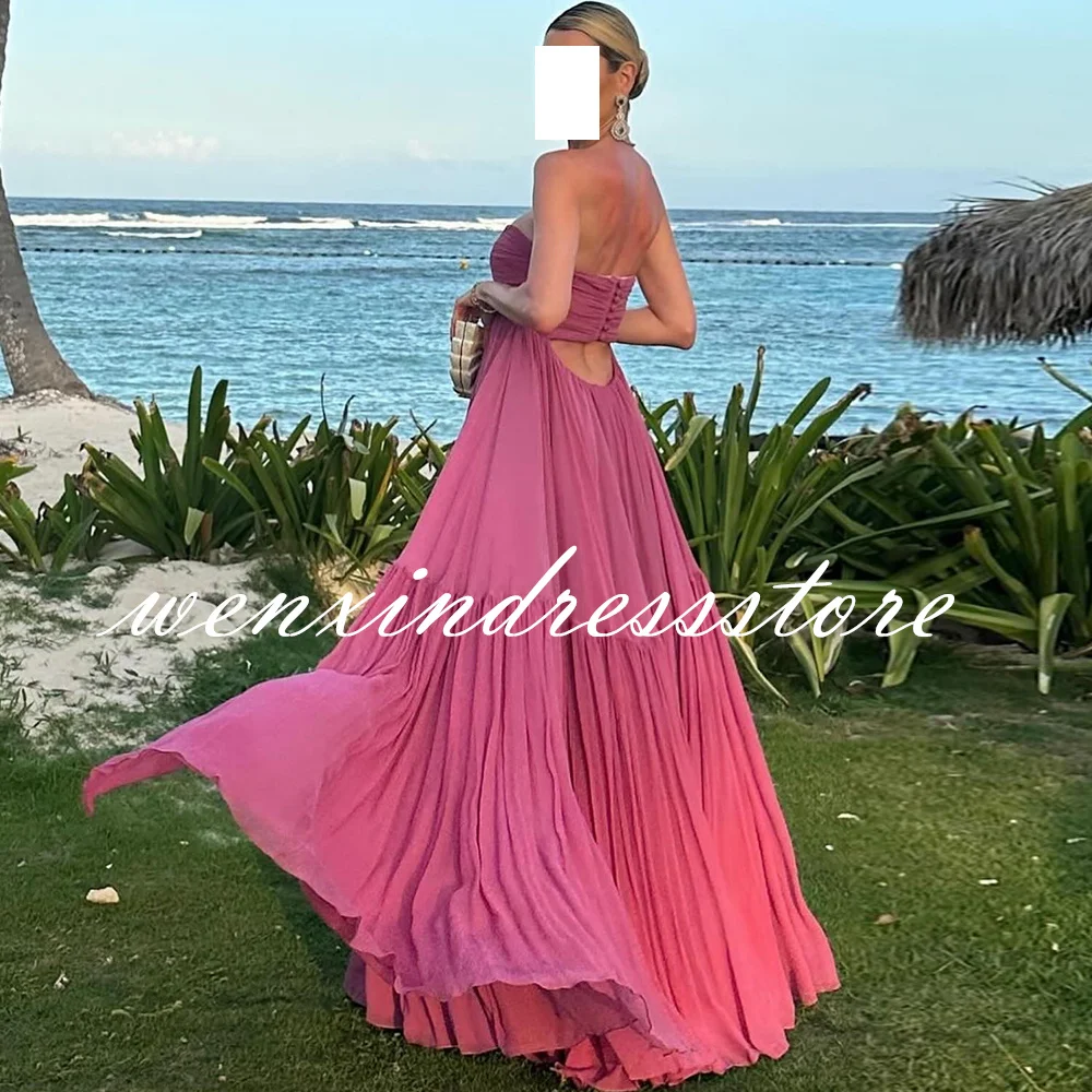 Simple Straight Pink Floor Length Evening Dress Formal Strapless Sleeveless Pleats Saudi Arabia Vestido De Noche Women 2024