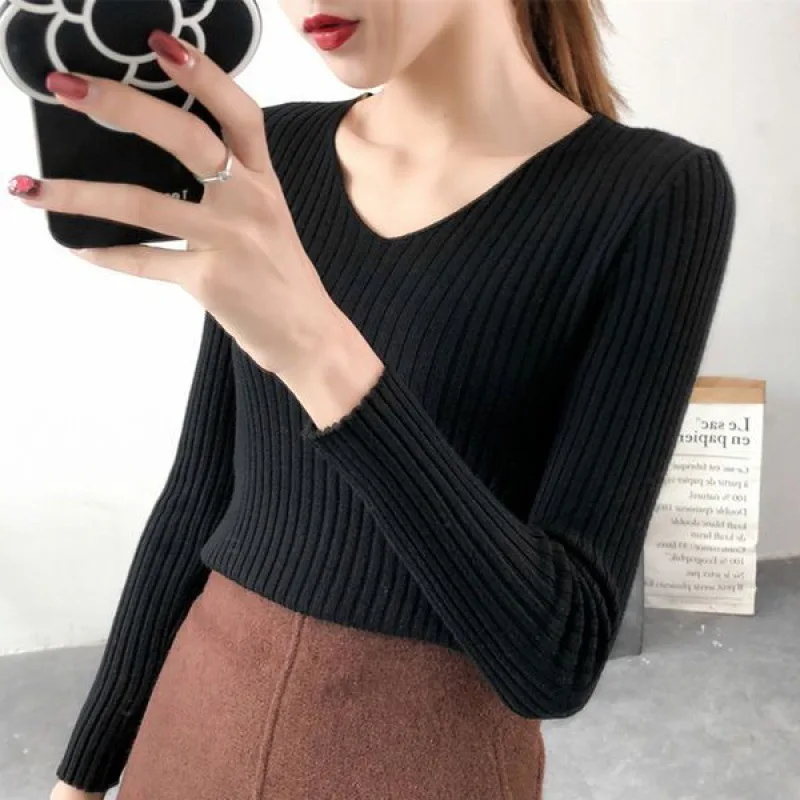 

Autumn Winter V-Ne Long Sve Slim Fit Knitted Sweater Base Layer Top All-Match Hooded Tight Bodycon Sle Women's Knitwear