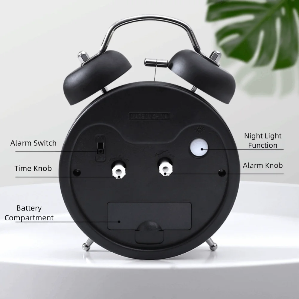 4 Inch Twin Bell Loud Alarm Clock Metal Frame Silent Luminous Student Alarm Clock Strong Wake-up Non-Ticking Table Clock Bedroom