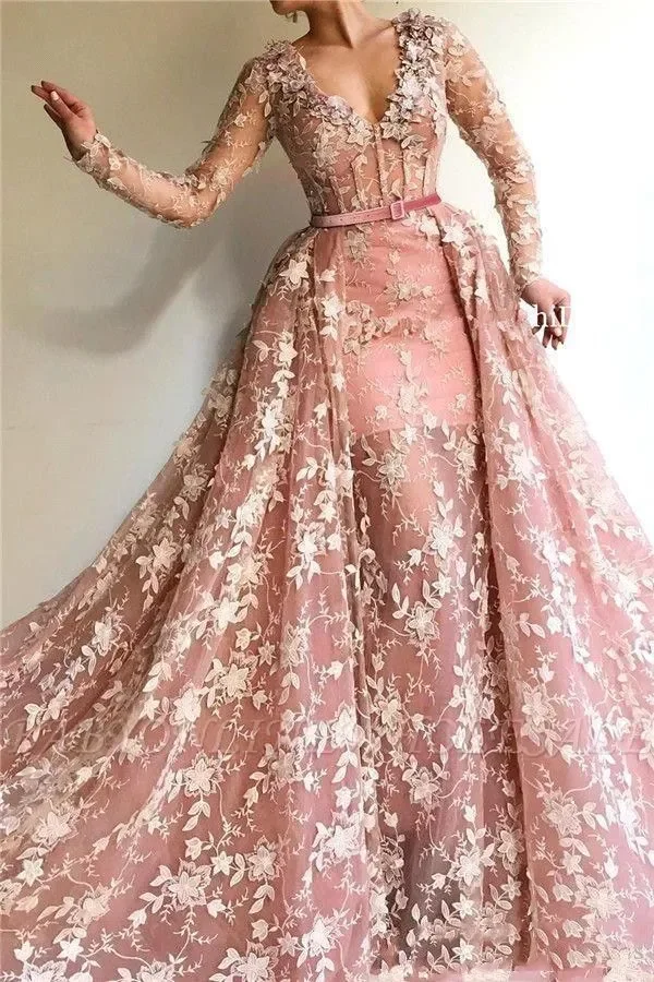 Customized Arabic V Neck Prom Dresses with Detachable Train Lace Appliques Vintage Overskirt Evening Gowns Formal Party Dress