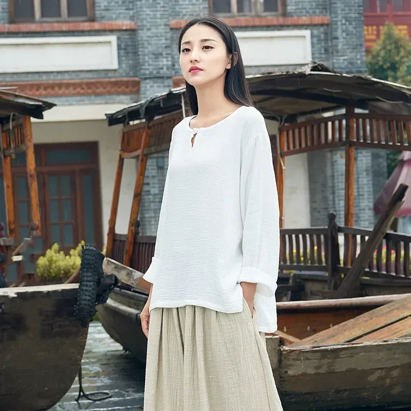 

Летняя хлопковая льняная женская оригинальная пустая милая футболка в стиле ретро для девочек, винтажная футболка с длинными рукавами, этническая белая футболка, женские топы