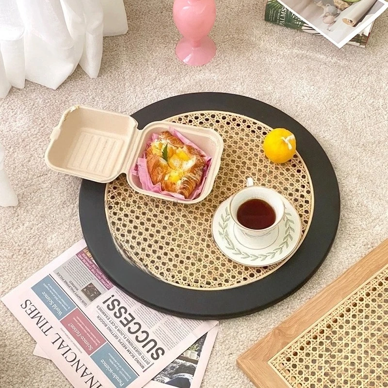 Solid wood rattan tray ins Korean handmade real rattan tray round decoration