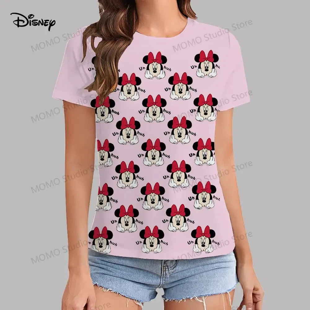 Camiseta de Mickey Mouse de Disney 100-6XL para niñas, ropa de moda urbana de manga corta de verano para mujeres con cuello redondo Kawaii 2024, familia Y2k