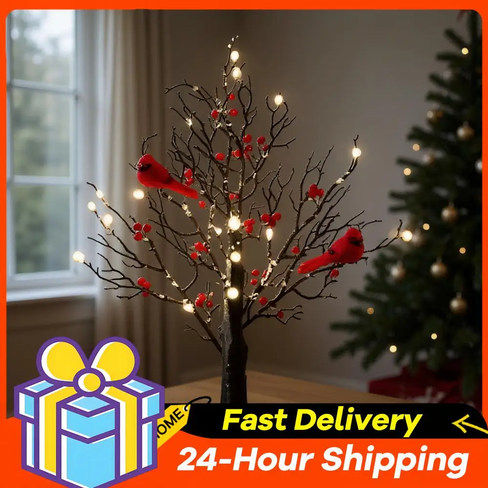 2/1 قطعة شجرة متوهجة مع الكرادلة مع التوت الأحمر والطيور بطارية تعمل مصباح شجرة الطاولة لعيد الميلاد المنزل حفل زفاف