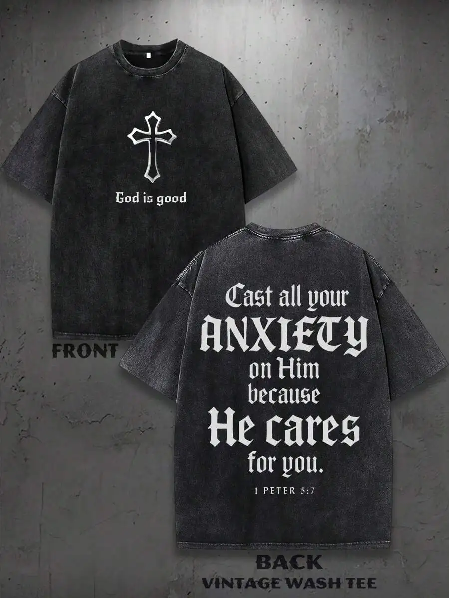 

Mens Vintage Washed Cotton Tee With Religious Scripture Quote Cast All Your Anxiety On Him