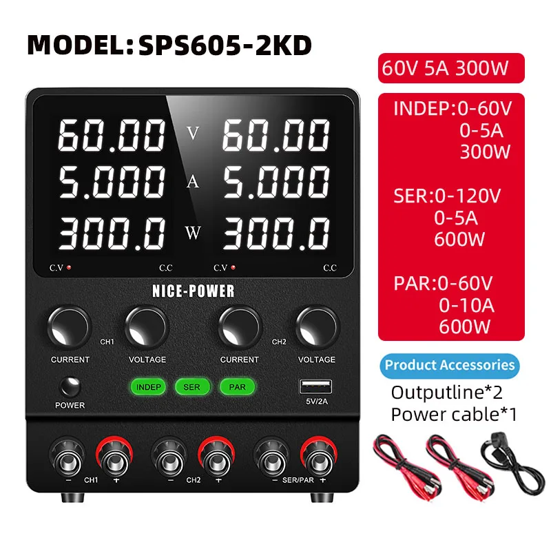 KUAIQU Dual Channel DC instelbare laboratoriumvoeding met OCP/OVP, negatieve spanningsuitgang, serie/parallel uitgang, draagbaar ontwerp