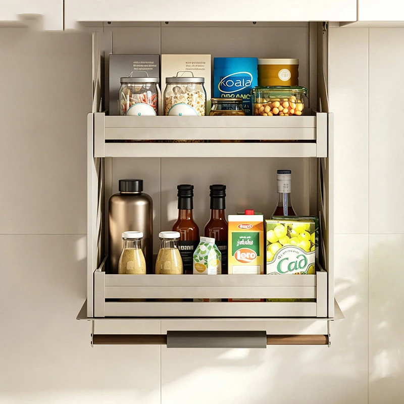 Kitchen Cabinet Pull Down Lift Up Basket Soft Close Seasoning Rack Storage Organizer With Durable Steel Frame And Buffer