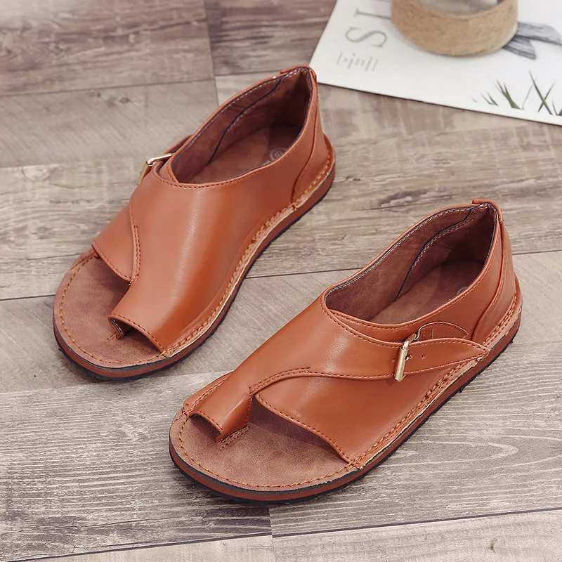 2021Summer Beach Sandals Sandalia New Women PU Leather Sandals Fashion Peep Toe Buckle Design Roman Sandals Women Flat Shoes