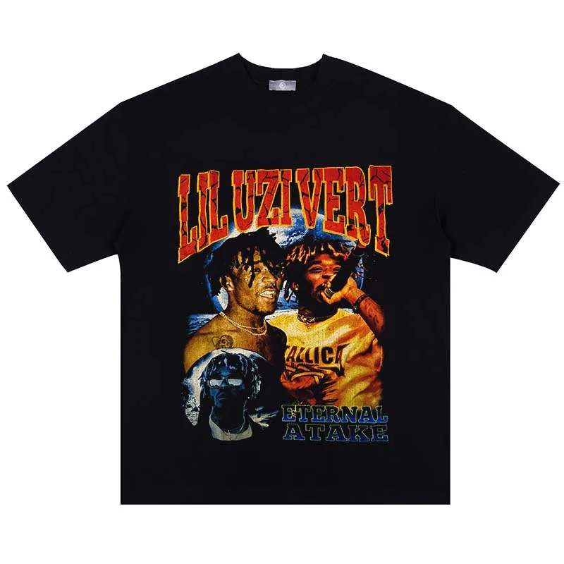 TIDESHEC Mens T-shirt Streetwear Vintage Washed Lil Uzi Vert Graphics T-shirt Cotton Casual Oversized Tee Top 2023 Summer