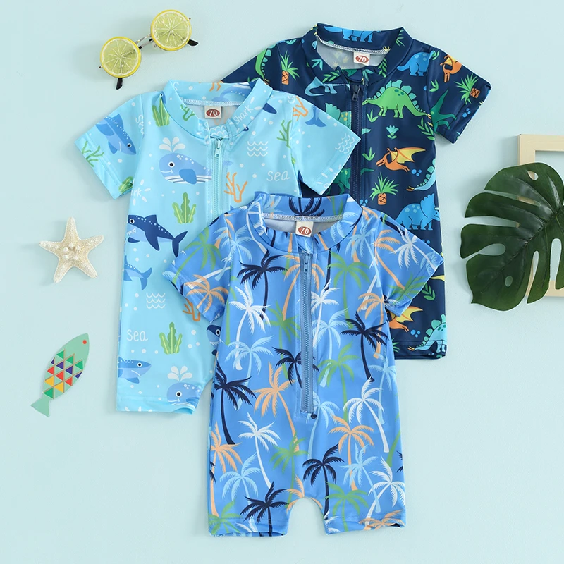 SUNSIOM Baby Boy Swimsuit Rash Guard Cute Shark Print Short Sleeve Zip Front Bathing Swimwear Kids Summer Beachwear