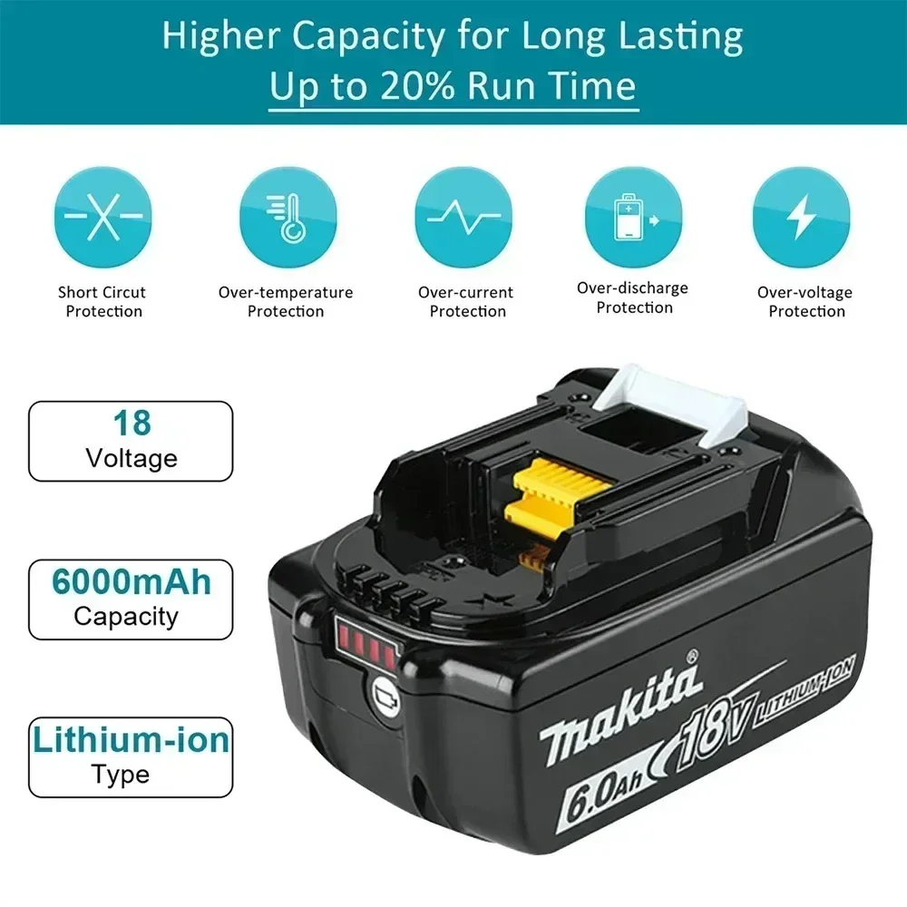 New Makita 18V 6000mAh Rechargeable Power Tools Battery with LED LXT BL1860B BL1860 BL1850 Replacement Li-ion Battery