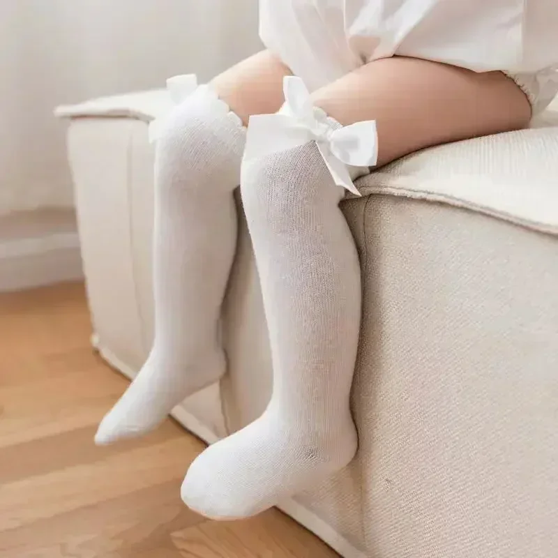 2024 New Kids Knee High Socks Toddlers Girls Big Bow Pure Cotton Long Cute White Knee Length Sock Sweet Princess Lolita Leggings