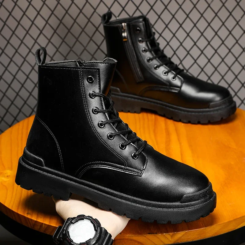 

Autumn Winter Black Men's Bikers Boots British Style Leather Ankle Boots For Man Fashion Casual High Top Motorcycle Boots Men