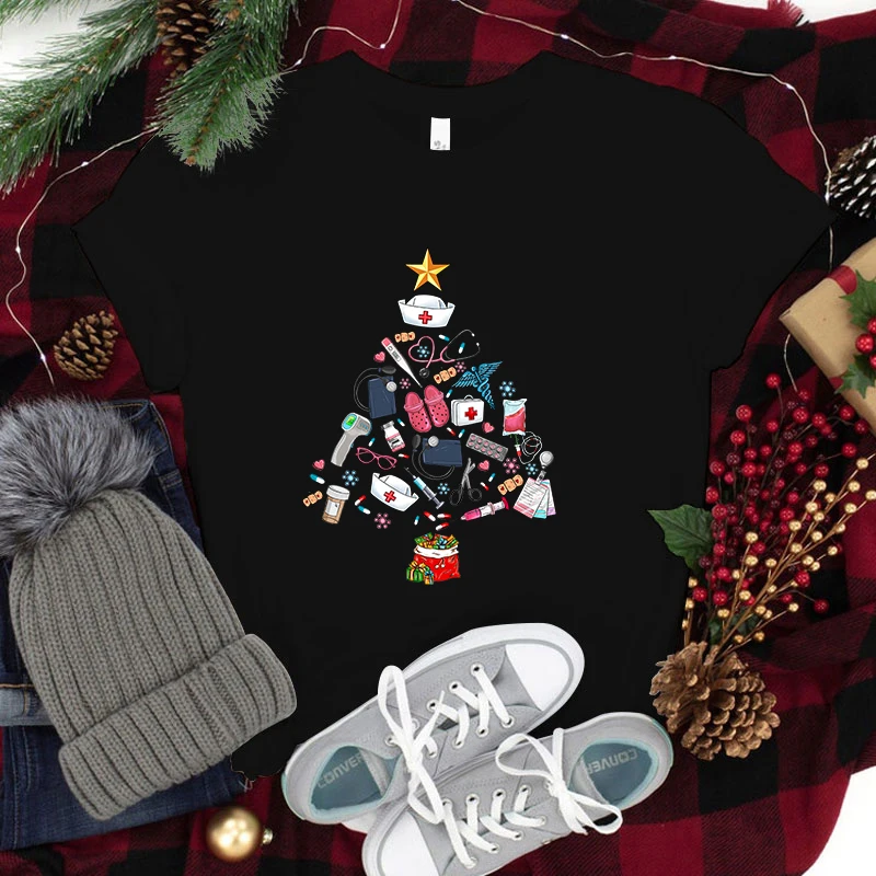 

New Christmas Nurse Tree Print T-Shirts Women Men Summer Tee Shirt Christmas Harajuku Casual Round Neck Short Sleeve Tops